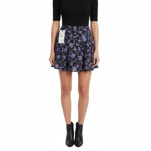 NWT ZARA Womens M Black Purple Floral Skater Mini Skirt Built In Shorts